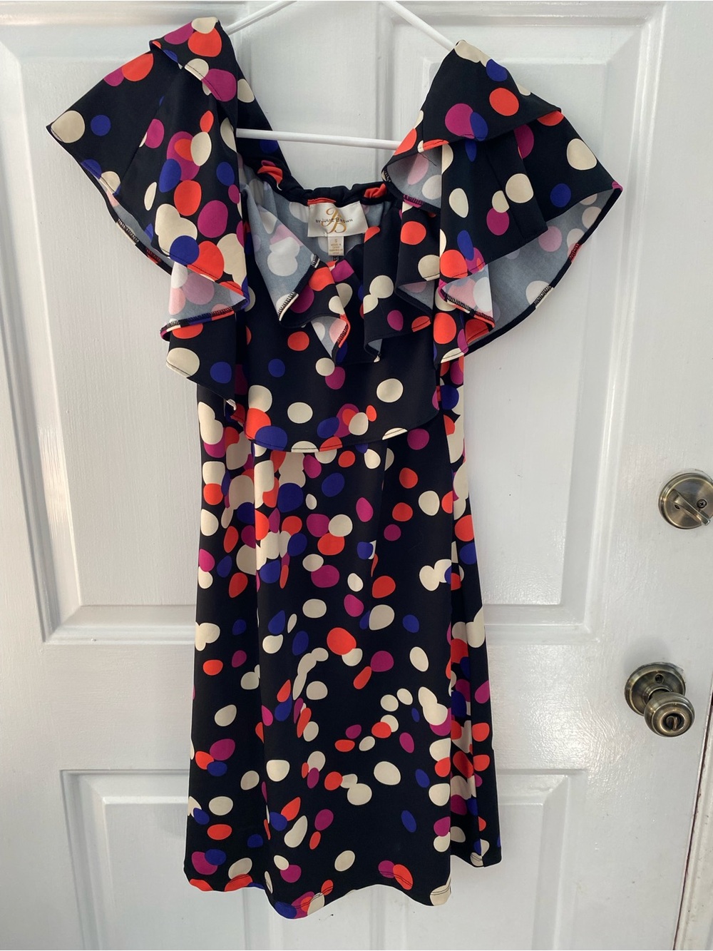 JB by Julie Brown Black Mini Dress with Cream, Red & Purple Polka Dots